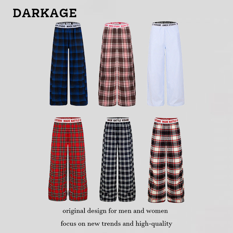 Ladies Wide Lounge Pants with Check Pattern and Elastic Logo Waistband Amarae