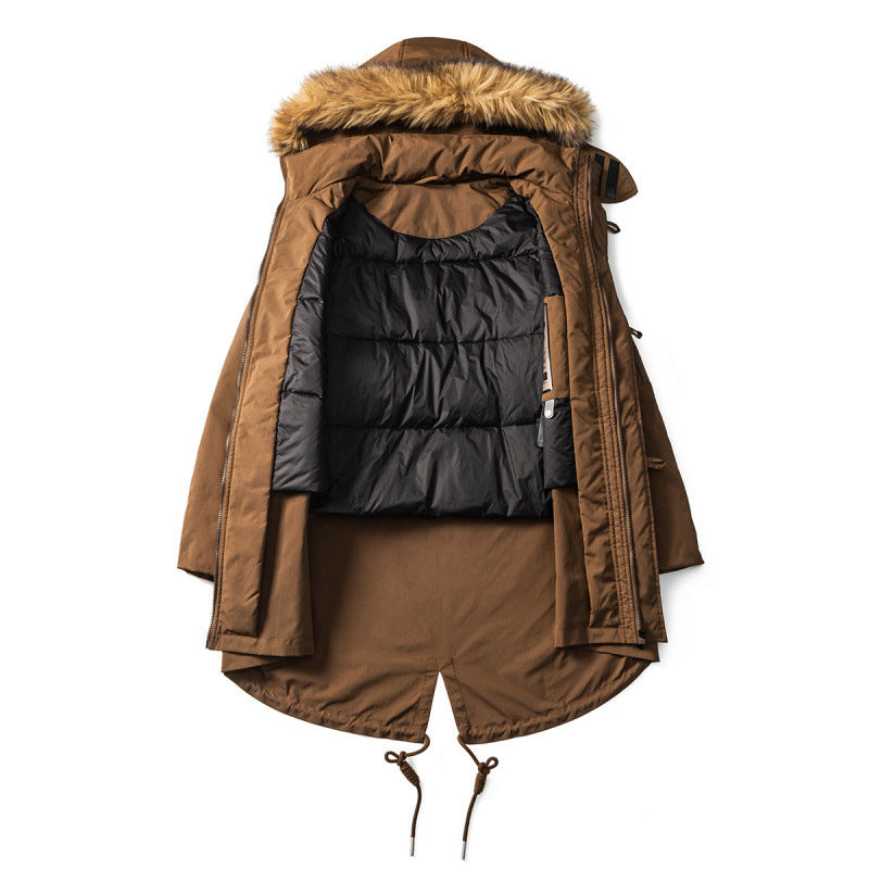 Men's Quilted Parka in Fish Tail Cut with Detachable Faux Fur Hood and Thermal Lining Amarae