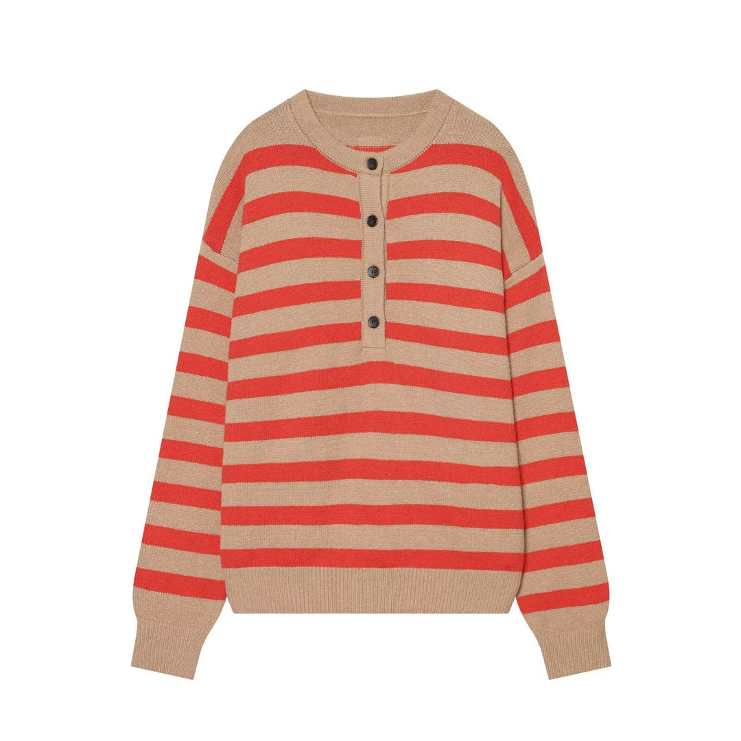 Women's Striped Oversize Knit Sweater with Henley Button Placket Amarae