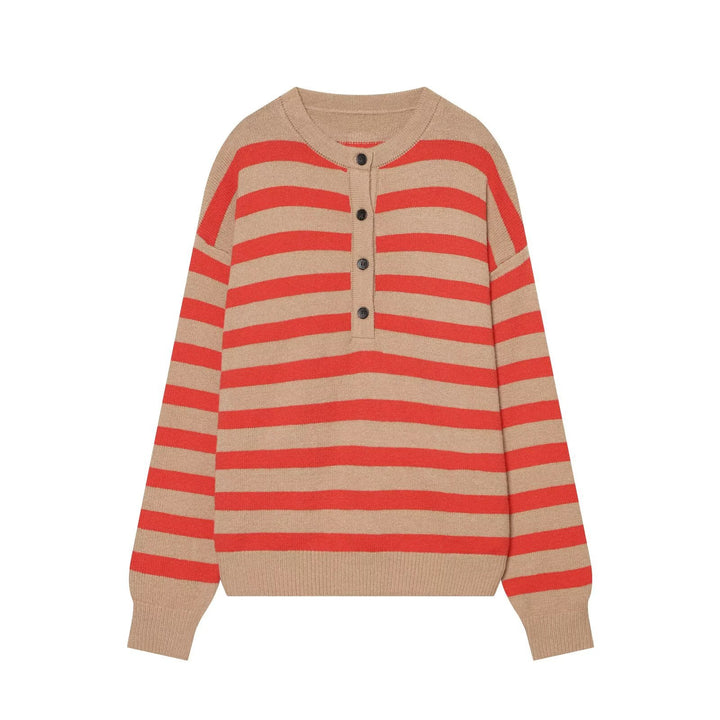 Women's Striped Oversize Knit Sweater with Henley Button Placket Amarae