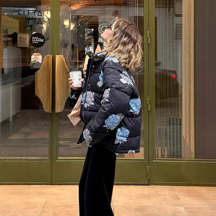 Women Padded Oversized Quilted Jacket with Floral Print and Hood Amarae