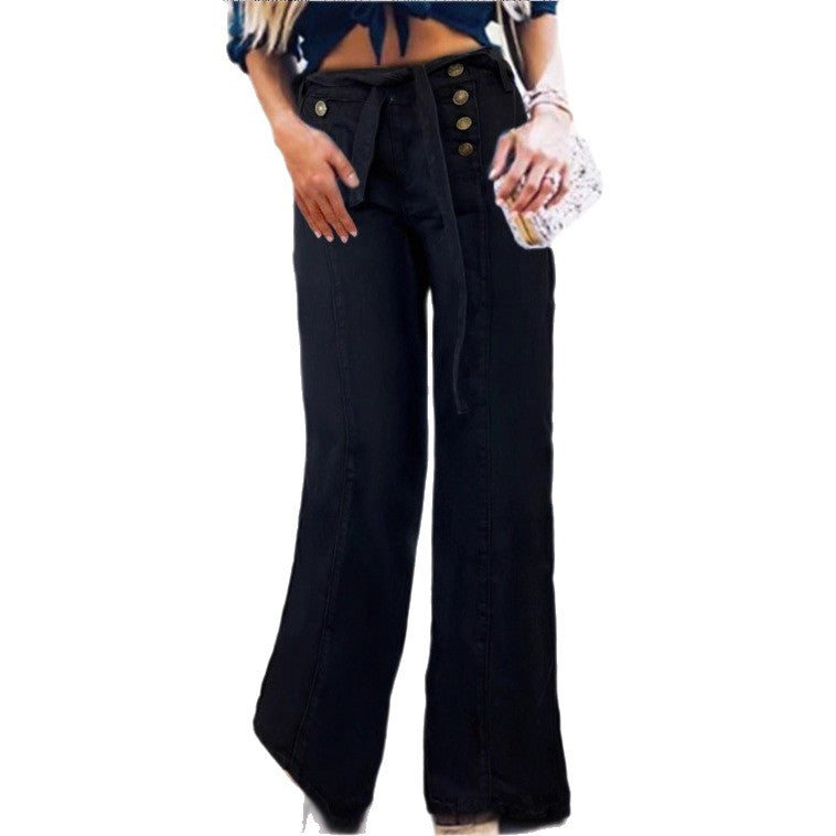 Women High-waisted, maritime-inspired wide jeans with decorative button placket and tie belt Amarae