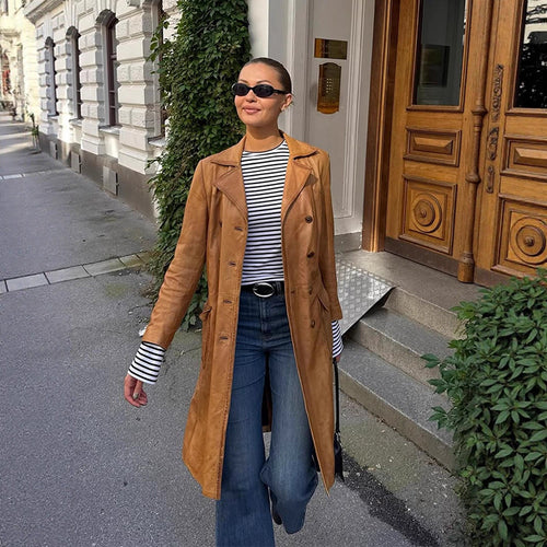Women's Longer Tailored Leather Trench Coat with Double-Breasted Button Placket and Notched Collar Amarae