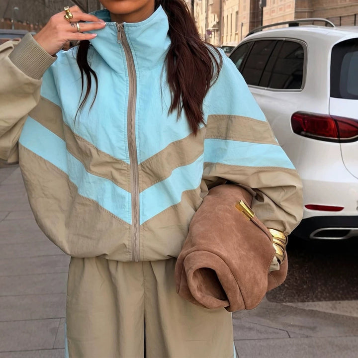Women's Oversized Tracksuit Set with Stand Collar and Contrast Stripes Amarae