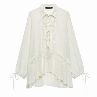 Women Romantic Chiffon Blouse with Lace Application, Ruffle Hem and Ties Amarae