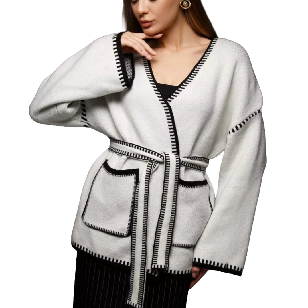 Thick knitted coat for women with practical belt and pockets Lune London