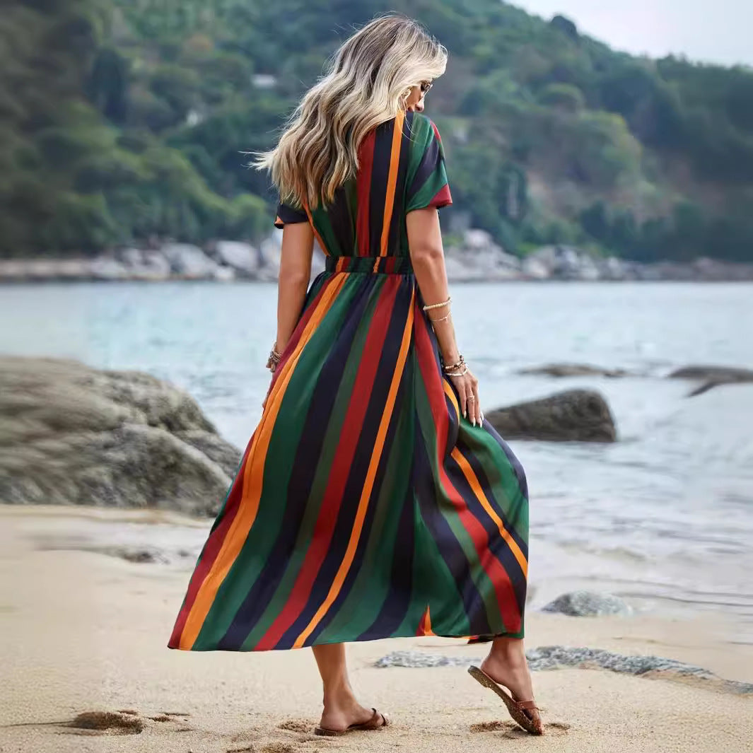 Striped maxi dress for women with high slit and knot at the waist Lune London