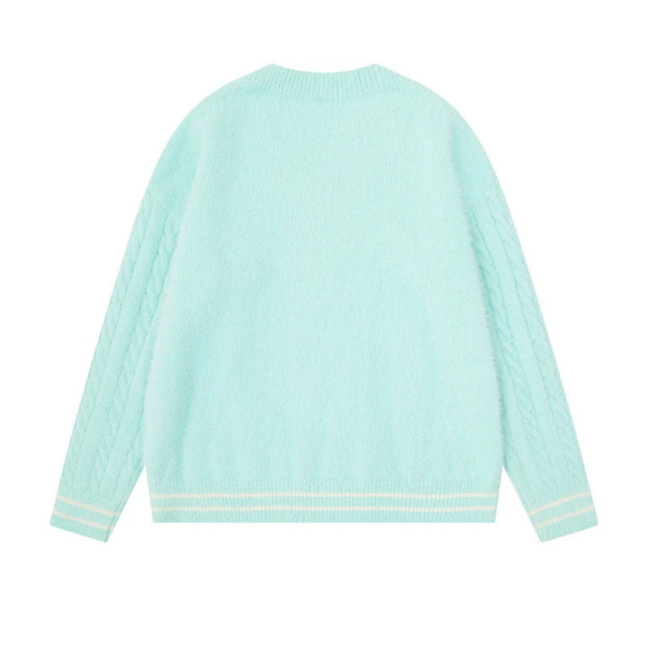 Women's V-neck knitted sweater with cable sleeves and chenille cat motif Amarae