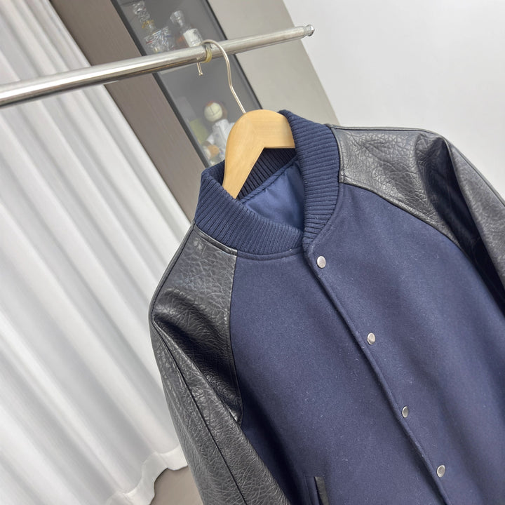Men's College Bomber Jacket with Wool Blend Body and Structured Leather Look Sleeves Amarae
