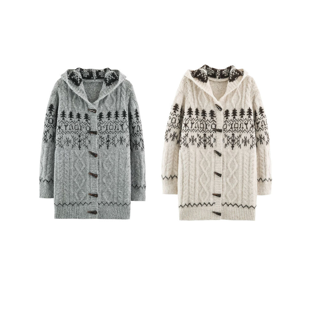 Women's Coarse Knit Hooded Cardigan with Horn Buttons and Norwegian Pattern Amarae