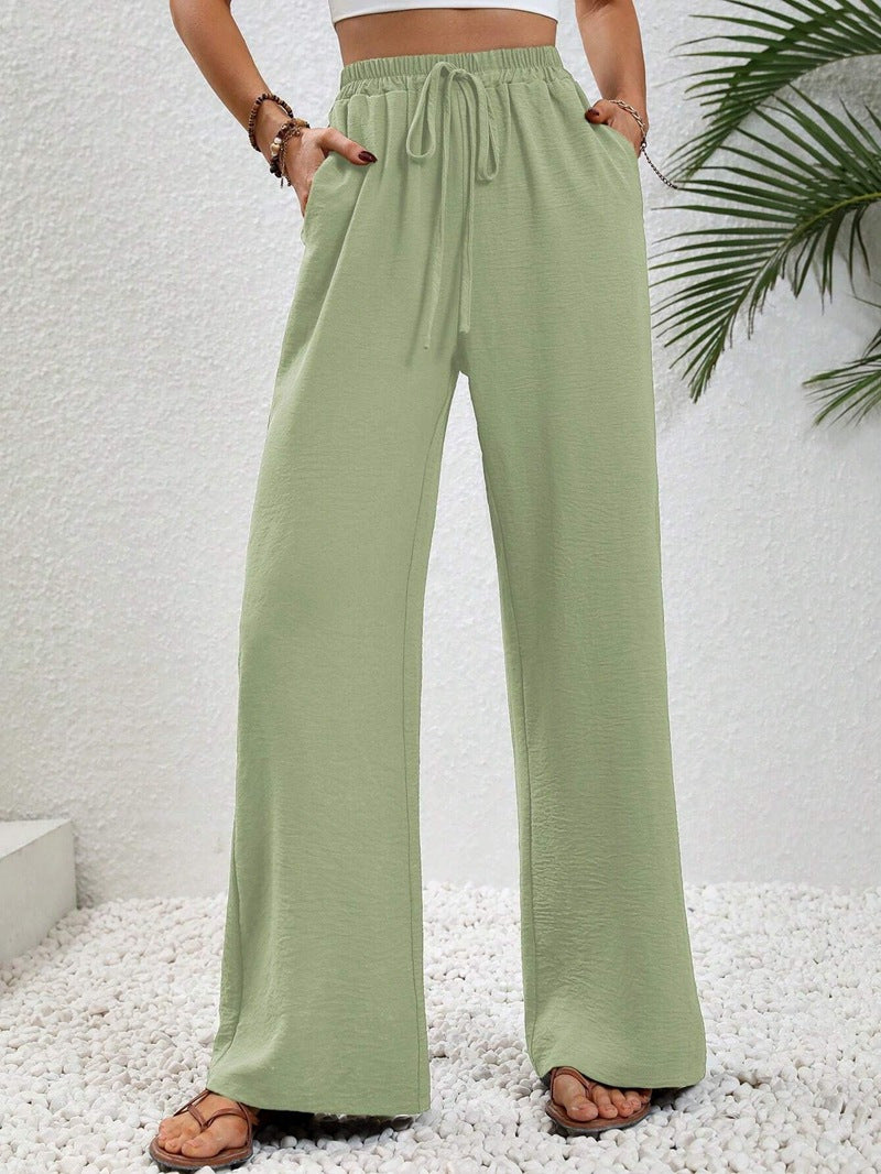 Women's Light Palazzo Pants with Elastic Waistband, Drawstring, and Side Pockets Amarae