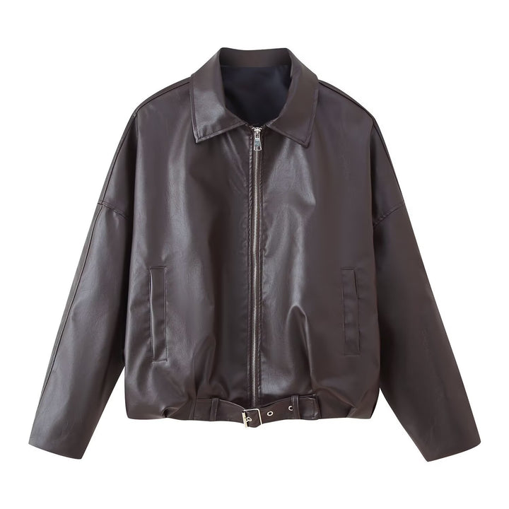 Fashionable synthetic leather jacket for ladies with a belt at the waist Lune London