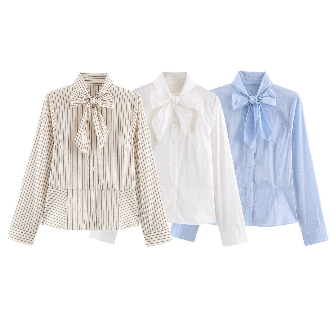 Women's feminine shirt blouse with bow collar and tailored silhouette Amarae