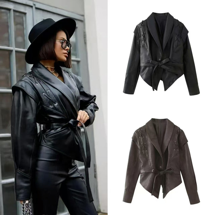 Fashion faux leather jacket for women with a stylish belt detail and a chic design Lune London