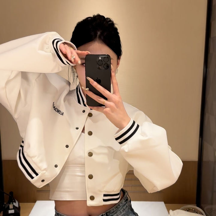 Women's casual cropped bomber jacket with contrasting stripes and snap buttons Lune London