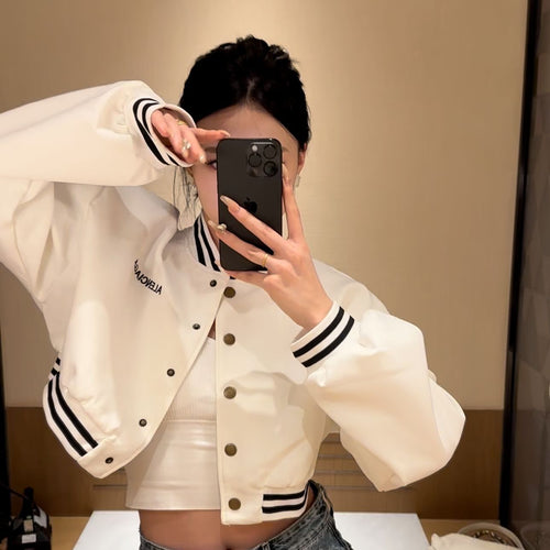 Women's casual cropped bomber jacket with contrasting stripes and snap buttons Amarae
