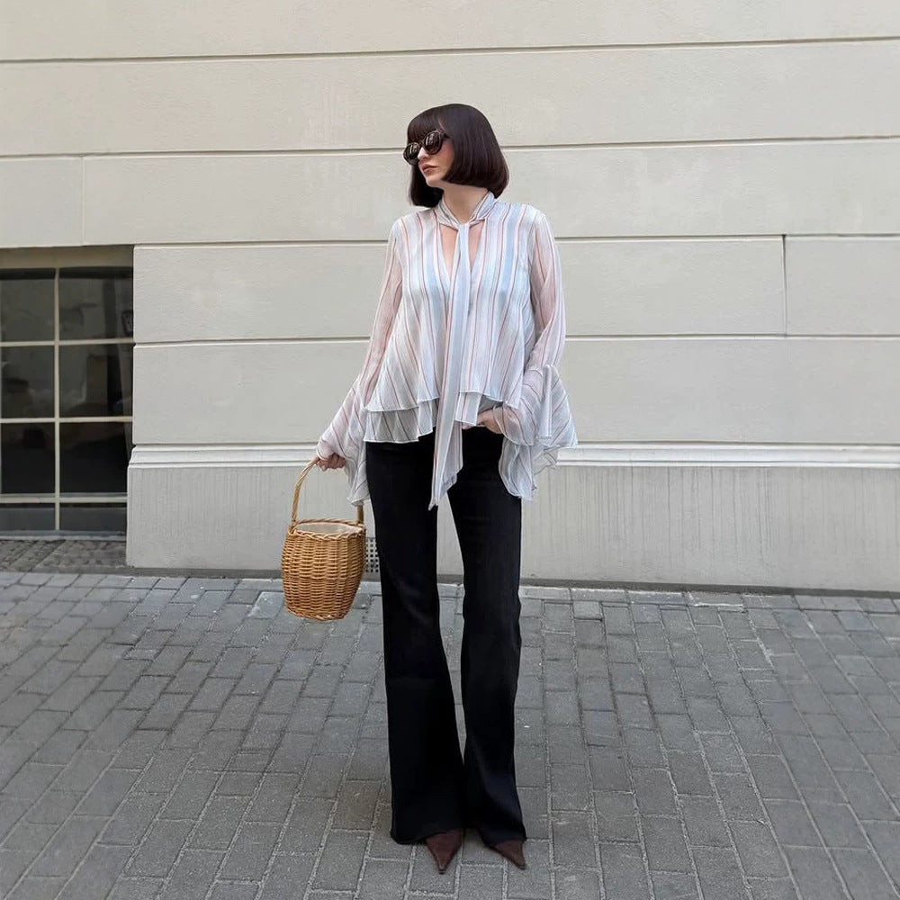 Women's Striped Chiffon Blouse with Tie Bow, Ruffled Hem & Bell Sleeves Amarae
