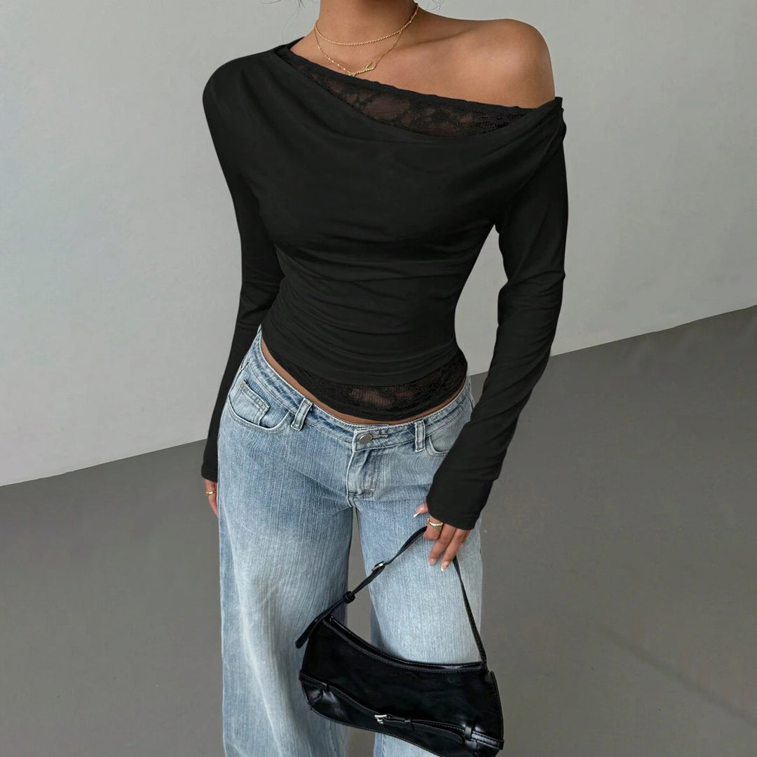 Casual long-sleeve t-shirt for women with asymmetric neckline and transparent details Amarae