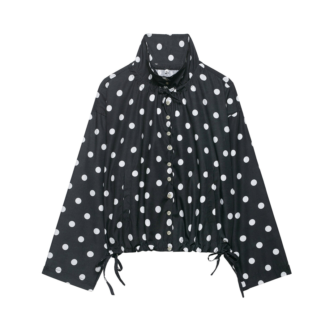 Women's lightweight blouse in polka dot design with stand-up collar, drawstring hem and button placket Amarae