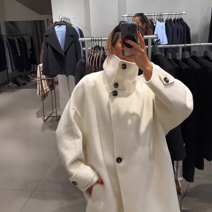 Women Oversize Wool Blend Coat with Asymmetrical Cut and High Stand-Up Collar Amarae