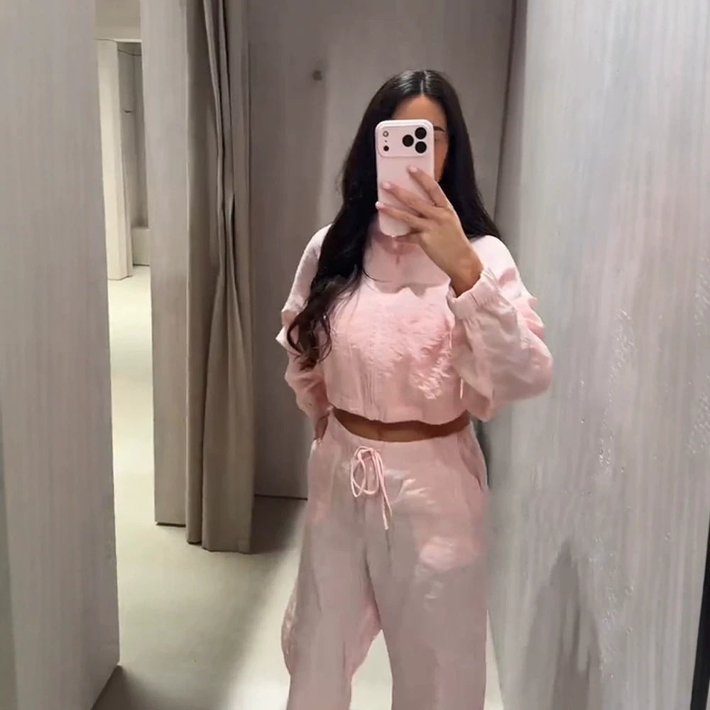 Women’s Casual Satin Tracksuit with Short Zipper Top & Wide Drawstring Pants Amarae