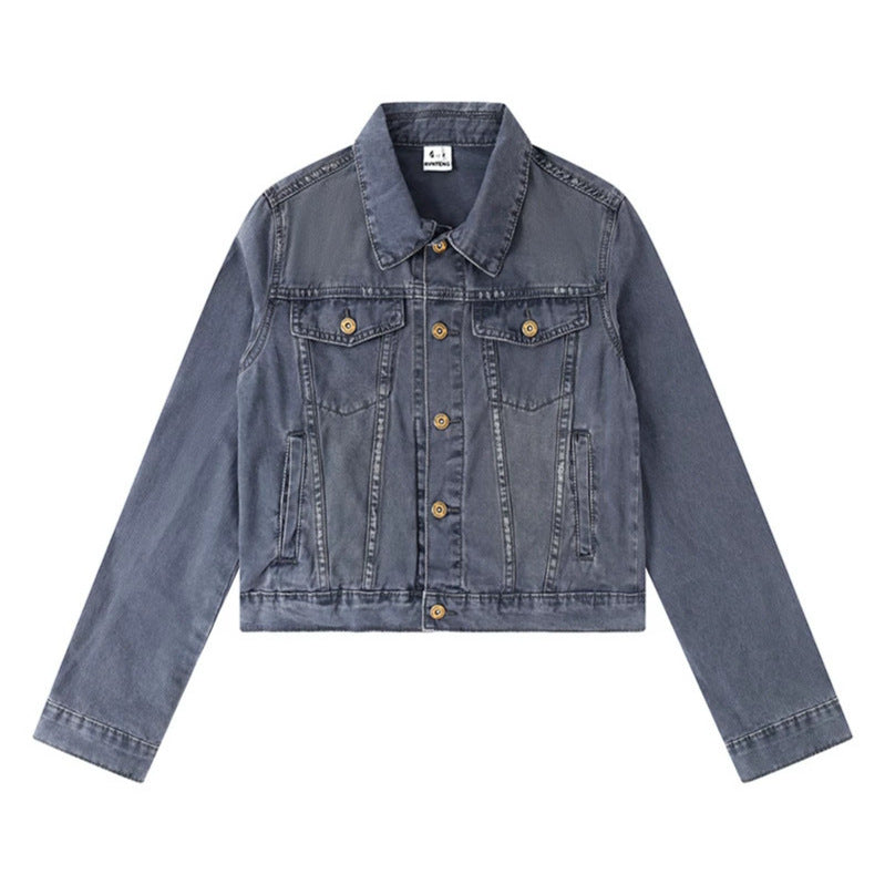 Women's Short Denim Jacket in Vintage Style with Button Placket, Chest Pockets and Fitted Cut Amarae