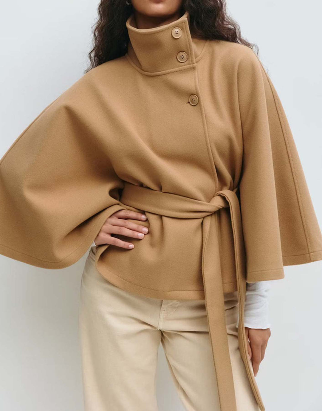Women's Short Cape Coat with Stand-Up Collar, Oversized Sleeves and Tie Belt Amarae