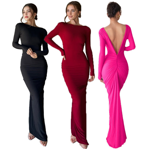 Ladies maxi dress with deep V-neckline and voluminous gathers
