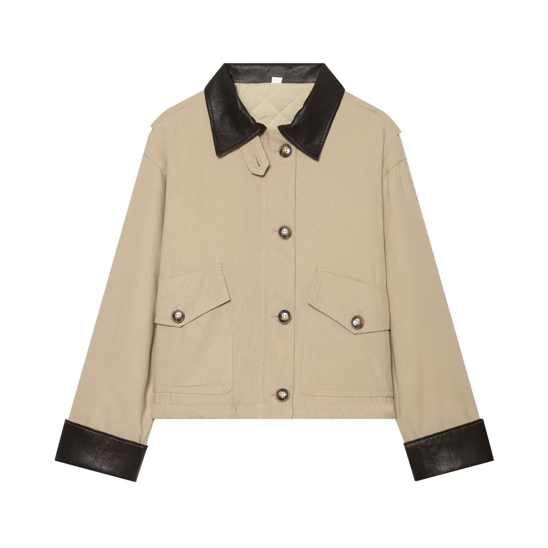 Women's Short Jacket with Contrasted Leather Collar and Cuffed Sleeves Amarae