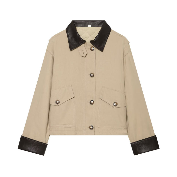 Women's Short Jacket with Contrasted Leather Collar and Cuffed Sleeves Amarae