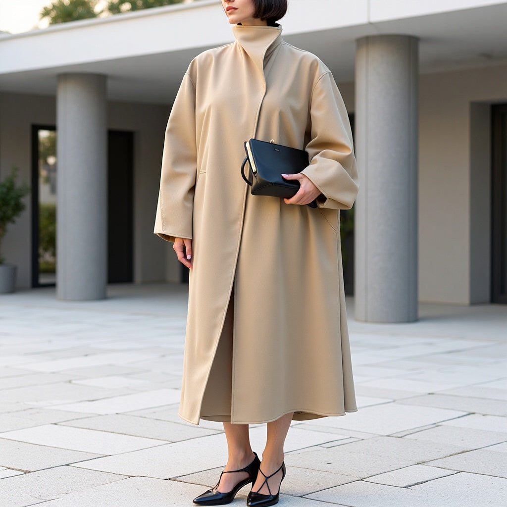 Women's Oversize Cocoon Coat with High Stand-Up Collar and Concealed Button Placket Amarae