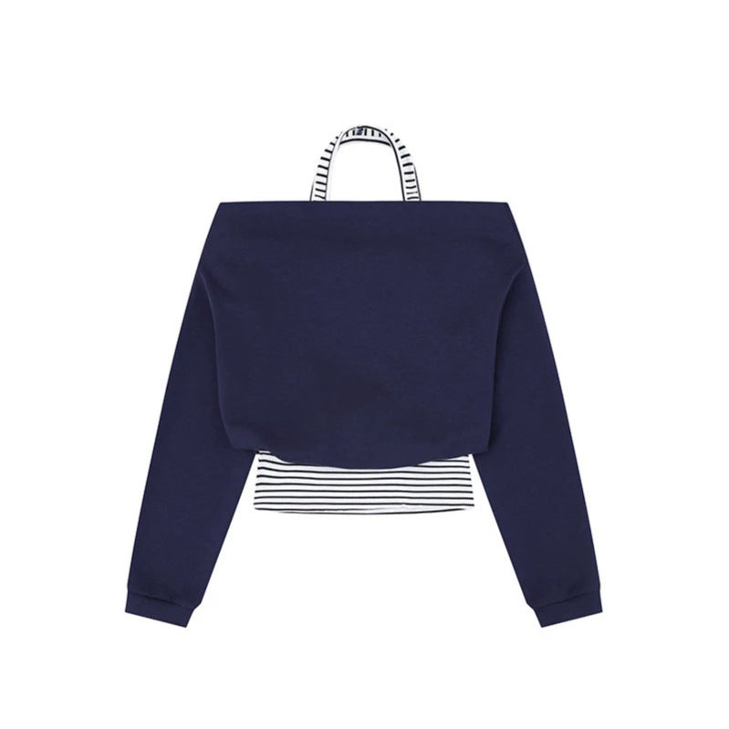 Women's Cropped Layered Hoodie with Integrated Striped Under-Shirt, Hood and Casual Raglan Cut