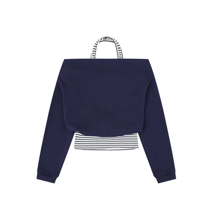 Women's Cropped Layered Hoodie with Integrated Striped Under-Shirt, Hood and Casual Raglan Cut