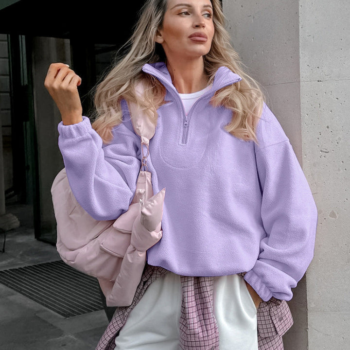 Women’s Oversized Fleece Pullover with Half Zipper and Stand-Up Collar Amarae