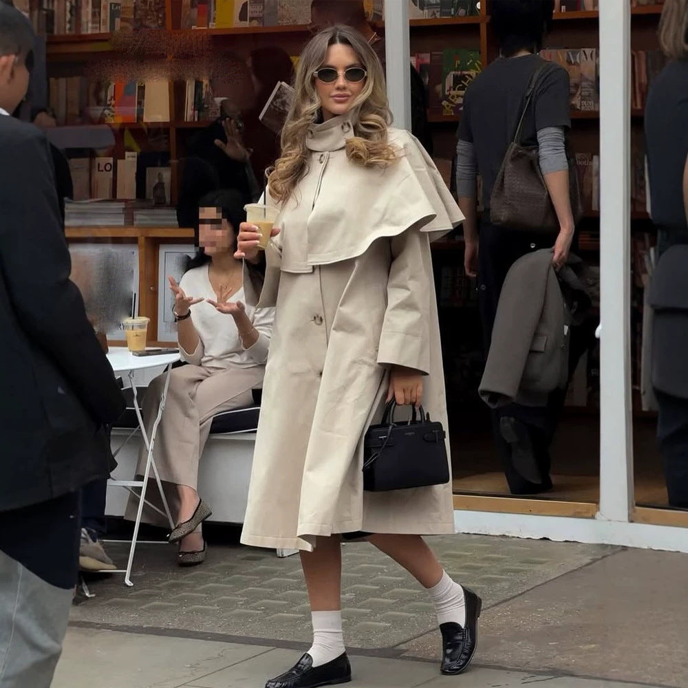 Ladies Oversize Trench Coat with Cape Detail and High Stand Collar Amarae