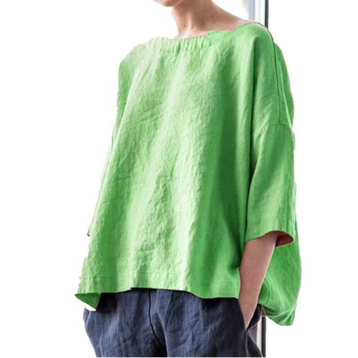 Women's oversized linen blouse with wide boxy cut, boat neckline and 3/4 sleeves Amarae