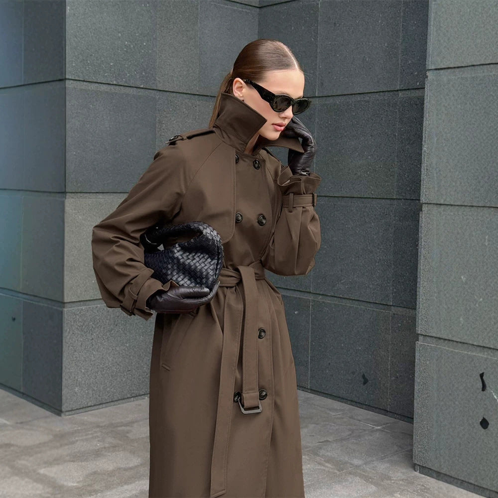 Women long cut water-repellent trench coat with high stand-up collar and waist belt Amarae