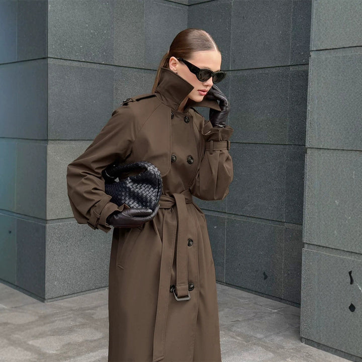 Women long cut water-repellent trench coat with high stand-up collar and waist belt Amarae