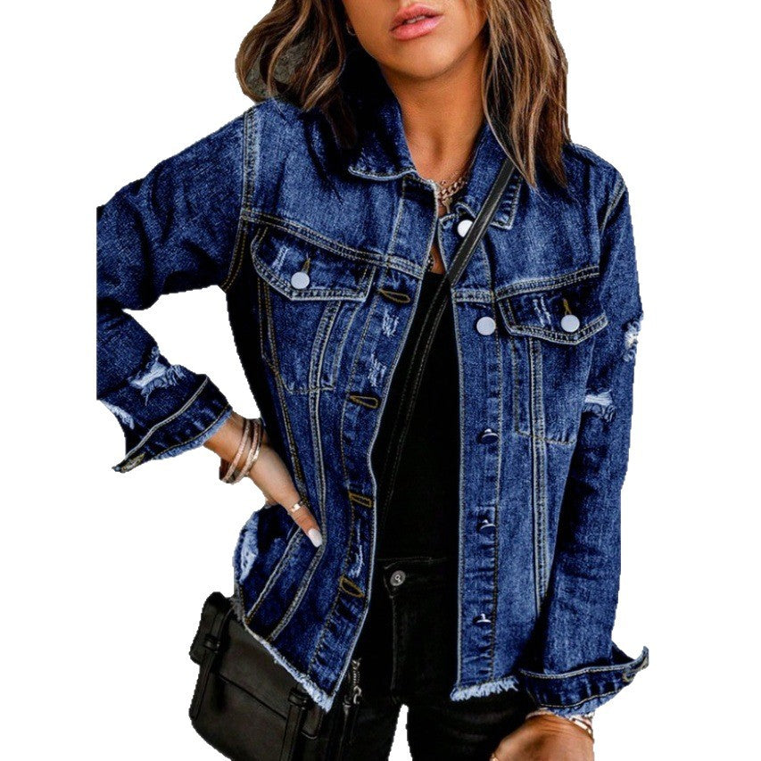 Women Tailored Denim Jacket with Destroyed Accents, Patch Pockets, and Visible Quilted Stitching Amarae