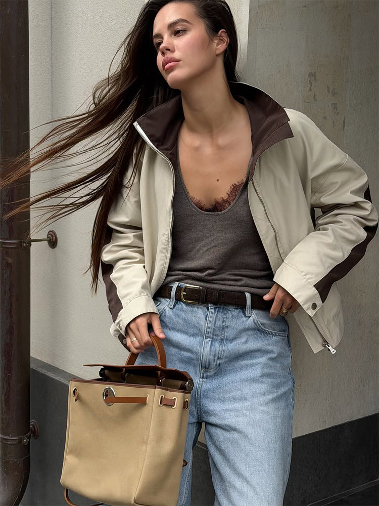 Women's Lightweight Bomber Jacket in Colorblock Style with High Stand-Up Collar Amarae