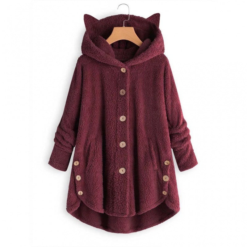 Women's Hooded Teddy Coat with Cat Ears, Button Placket and Asymmetrical Hem Amarae