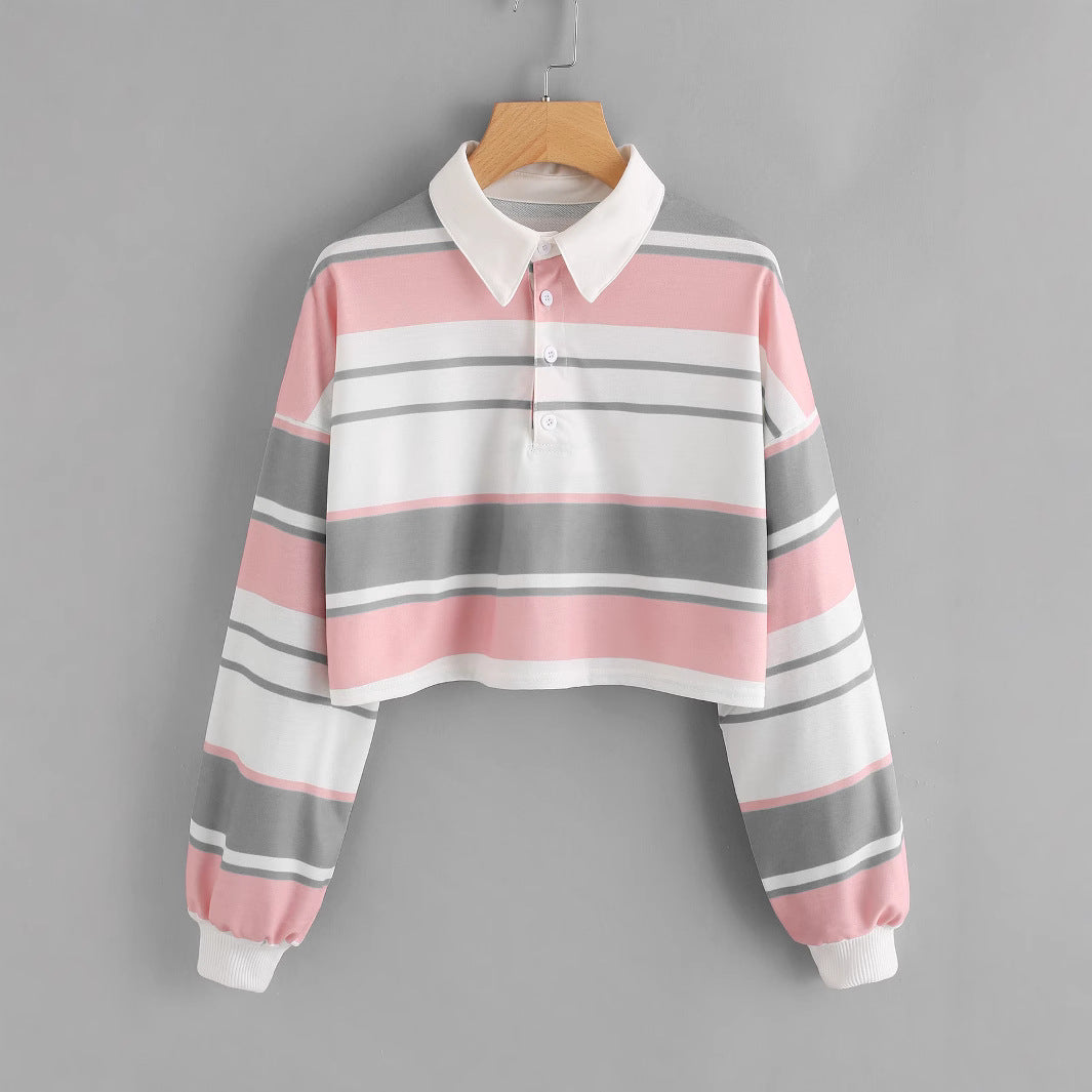 Women's polo shirt in a casual crop design with a stylish color block pattern Chic & Stil