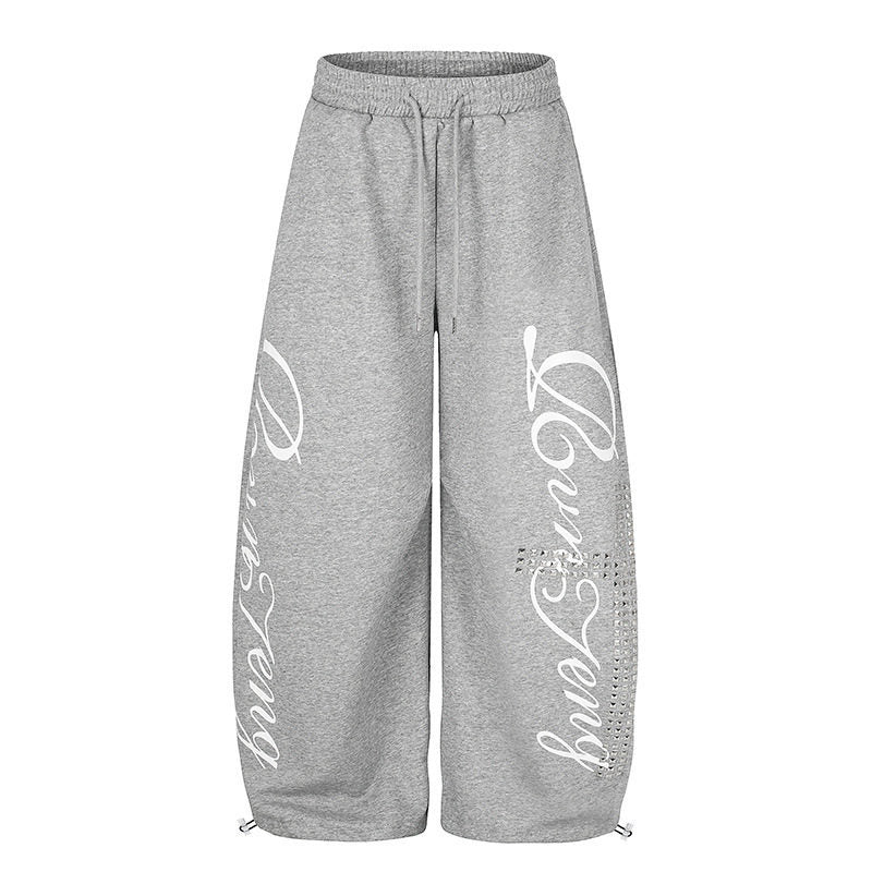 Women's Palazzo Sweatpants in Culotte Style with High Waist, Drawstring, Text Print and Rhinestone Trim Amarae