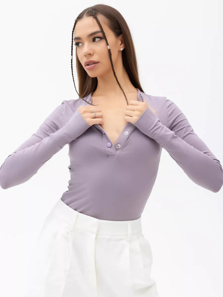 Women Long Sleeve Top with Button Placket and Fitted Cut Lune London