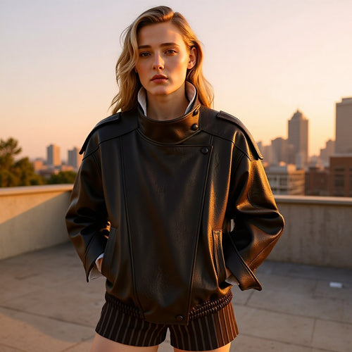 Veste en faux cuir à la mode pour femmes avec col haut et poches pratiques Chic & Stil
