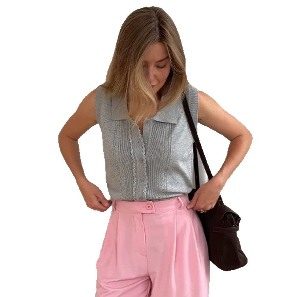 Women's Sleeveless Knit Top with Shirt Collar, Decorative Button Placket and Fine Texturing Amarae