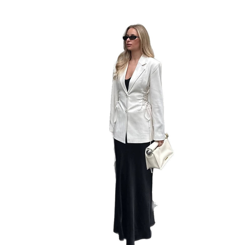 Women's tailored blazer with deep V-neck, zipper front and drawstring detail Amarae