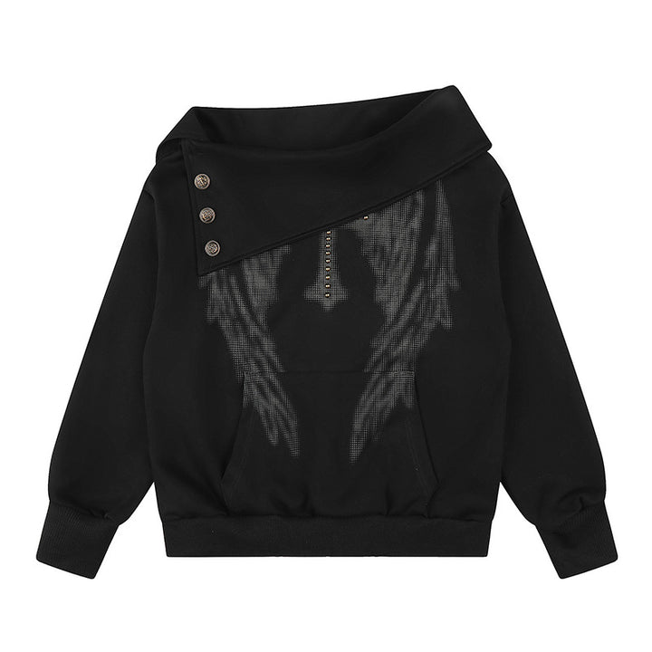 Women Asymmetric Sweatshirt with Wide Collar, Decorative Button Placket and Bead Application Amarae