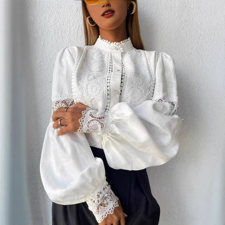 Women's Elegant Lace Blouse in Vintage Style with Stand Collar and Balloon Sleeves Amarae