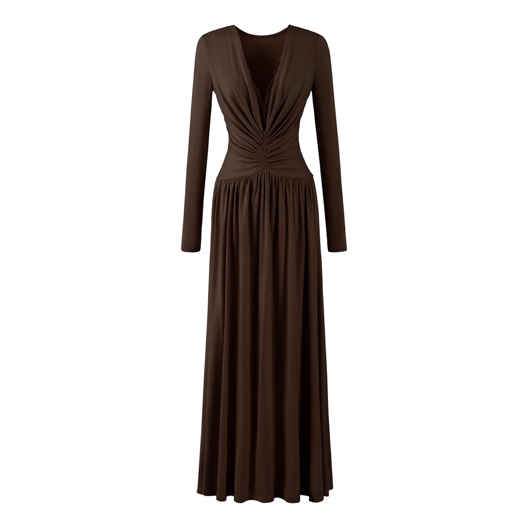Women Maxi Dress with Ruched Wrap Top, Deep V-Neck and Lace Trim Amarae